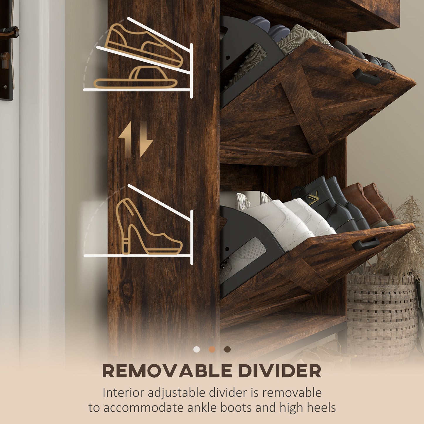 Narrow Shoe Cabinet Organizer: 2 Flip Drawers, Adjustable Shelves for 12 Pairs, Rustic Brown Kids Crystal