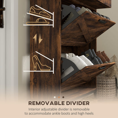 Narrow Shoe Cabinet Organizer: 2 Flip Drawers, Adjustable Shelves for 12 Pairs, Rustic Brown