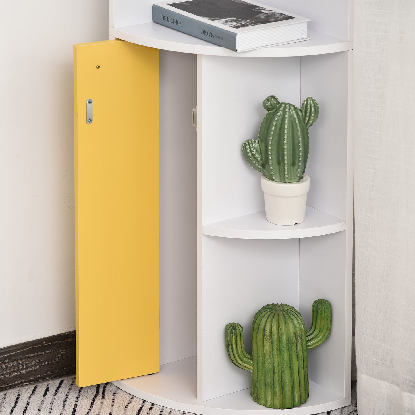 Corner Convenience: 5-Tier Bookshelf with Storage Cupboard Door Organizer for Home Office, White Finish Kids Crystal