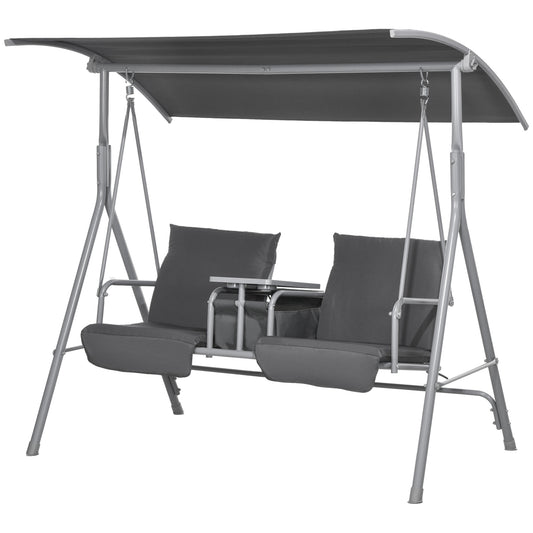 2-Seater Outdoor Porch Swing with Adjustable Canopy and Table, Patio Swing Chair for Garden, Poolside, Backyard, Grey Kids Crystal