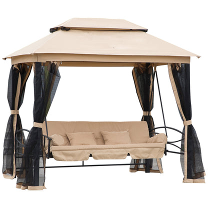 3 Person Outdoor Patio Daybed 3 in 1 Canopy Gazebo Swing Chair Garden Hammock with Mesh Mosquito Net and Sun Shade, Beige
