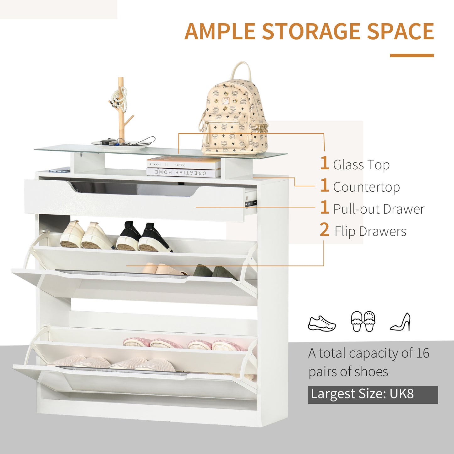 High Gloss Shoe Cabinet with 2 Flip Drawers and Adjustable Shelves, Narrow Shoe Storage Cabinet with Glass Top, White Kids Crystal