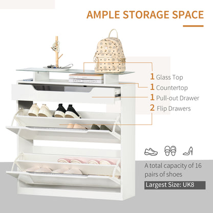 High Gloss Shoe Cabinet with 2 Flip Drawers and Adjustable Shelves, Narrow Shoe Storage Cabinet with Glass Top, White