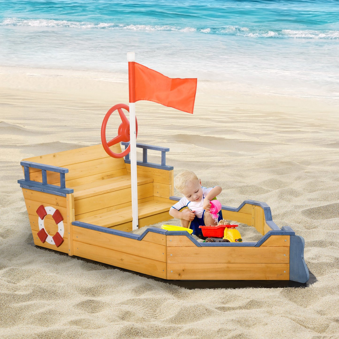 Pirate Ship Sandbox Wooden Outdoor Playset for Kids Backyard Play Station Bench Seat Storage Flag Kids Crystal