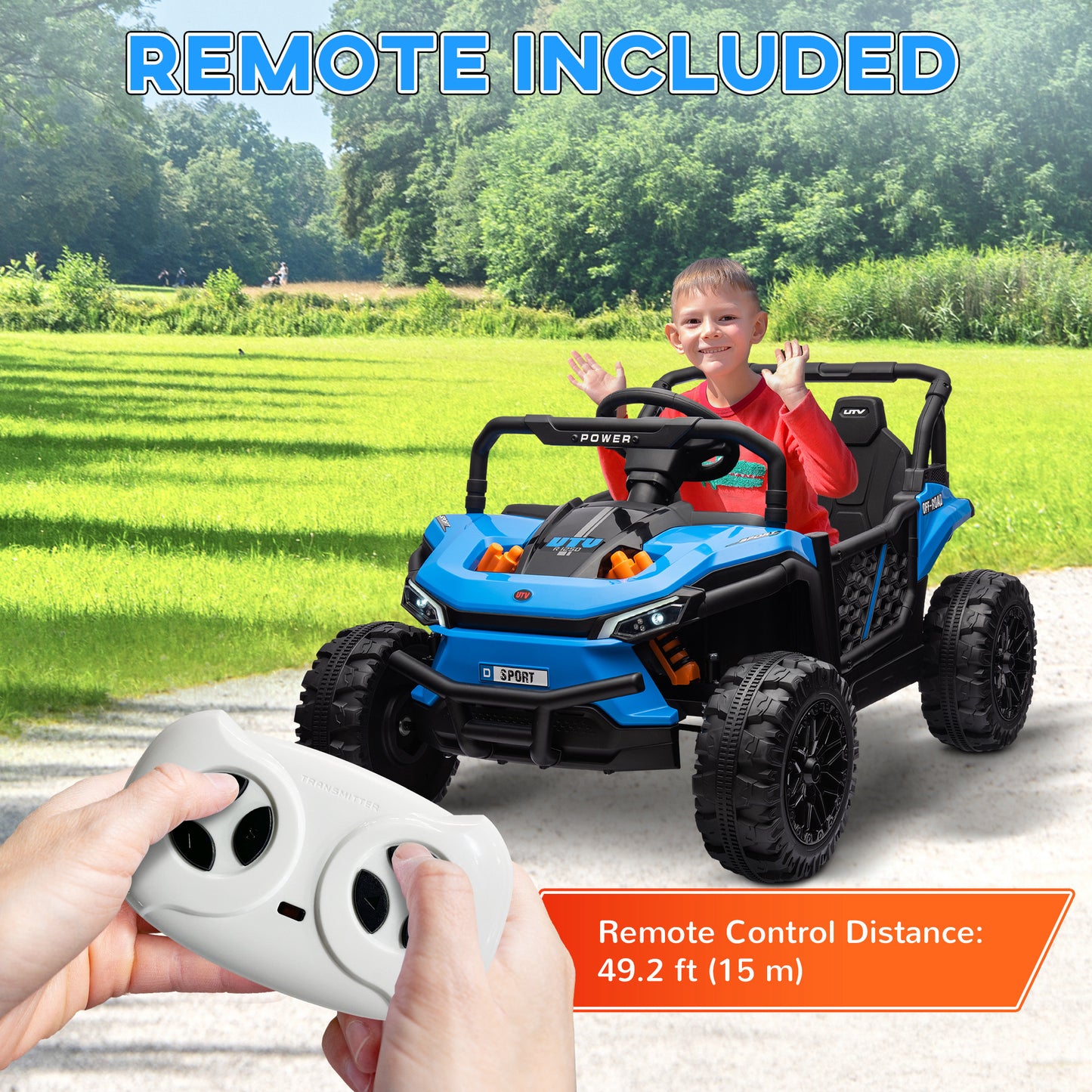 12V Kids Ride On Car, Toy Truck with Remote Control, Spring Suspension, LED Headlights, 3 Speeds, Blue Kids Crystal