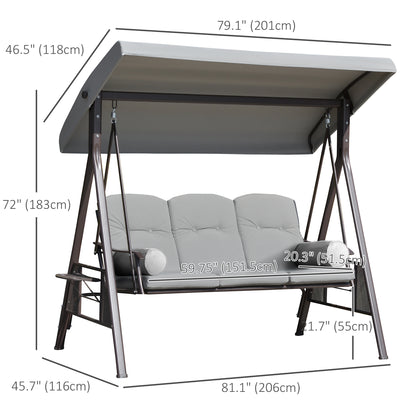 Outdoor Patio 3-Person Steel Canopy Cushioned Seat Bench Swing with Included Side Trays & Padded Comfort, Light Grey