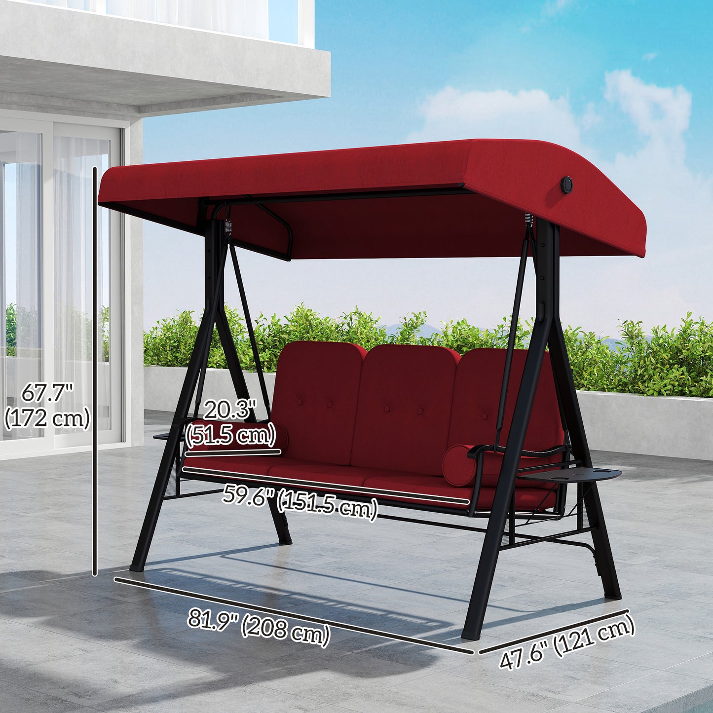 Outdoor Patio 3-Person Steel Canopy Cushioned Seat Bench Swing with Included Side Trays & Padded Comfort, Wine Red Kids Crystal