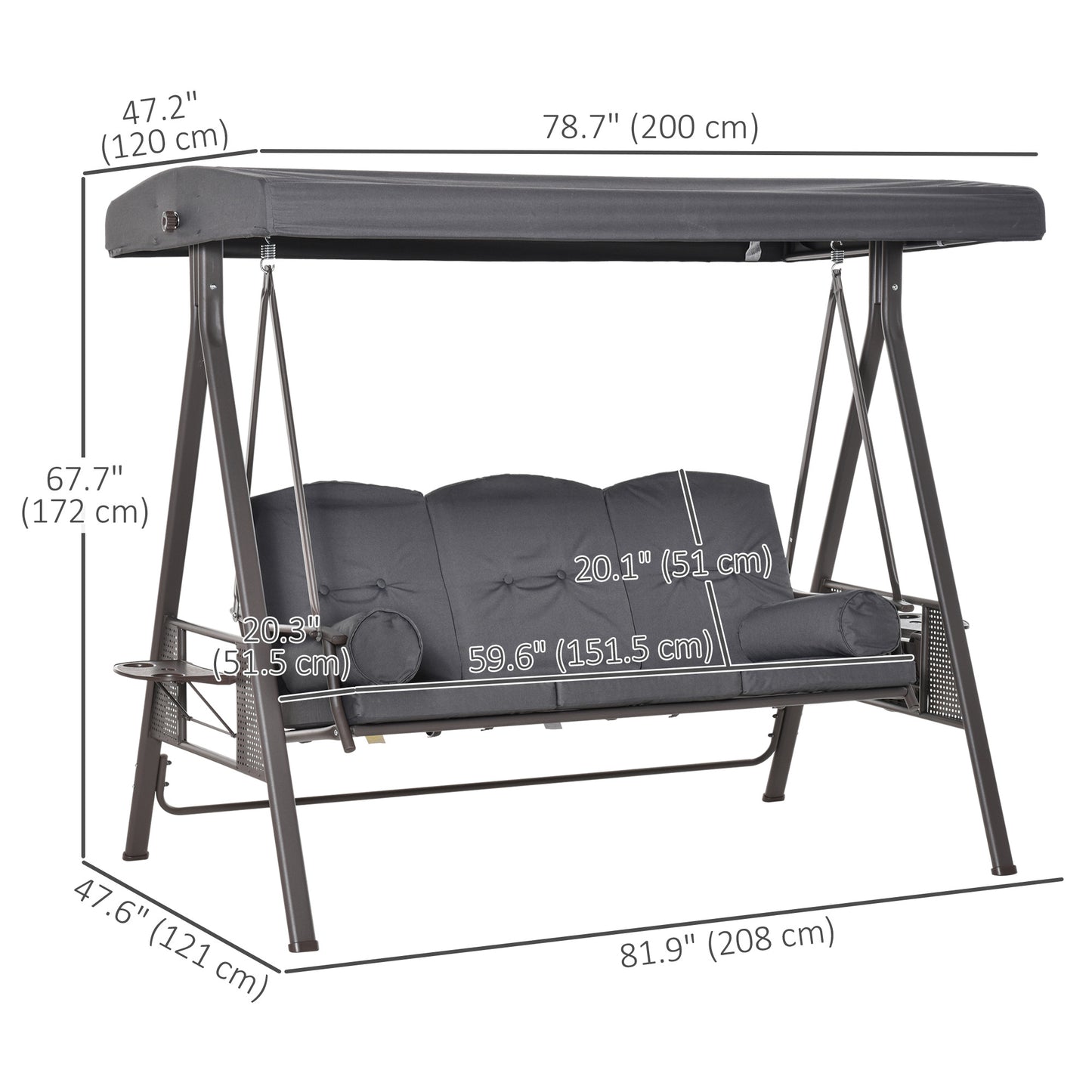 Outdoor Patio 3-Person Steel Canopy Cushioned Seat Bench Swing with Included Side Trays & Padded Comfort, Dark Grey Kids Crystal