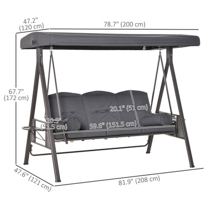 Outdoor Patio 3-Person Steel Canopy Cushioned Seat Bench Swing with Included Side Trays & Padded Comfort, Dark Grey