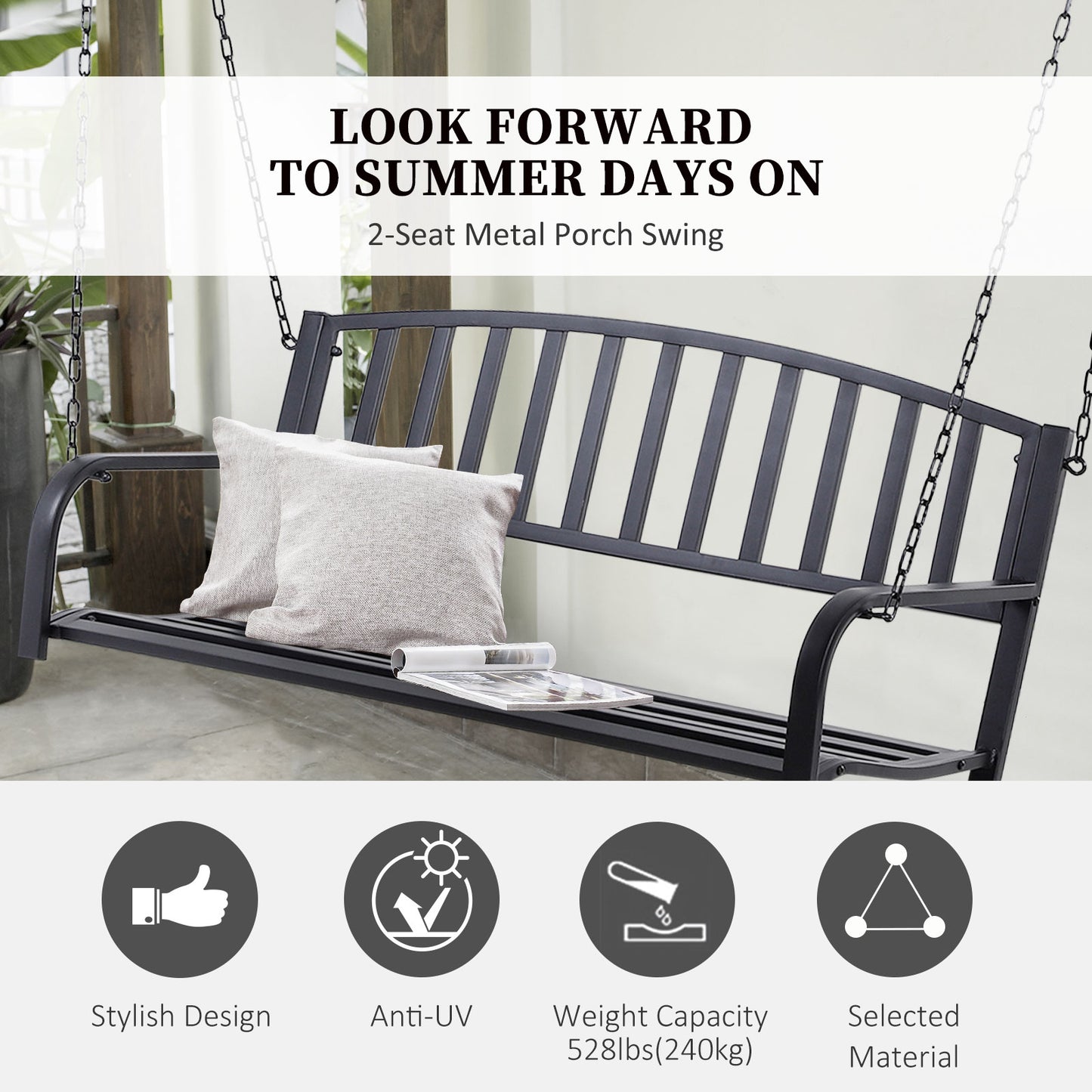 50" Porch Swing Bench Lounger: Outdoor Hanging Glider Chair Steel Frame Black Kids Crystal