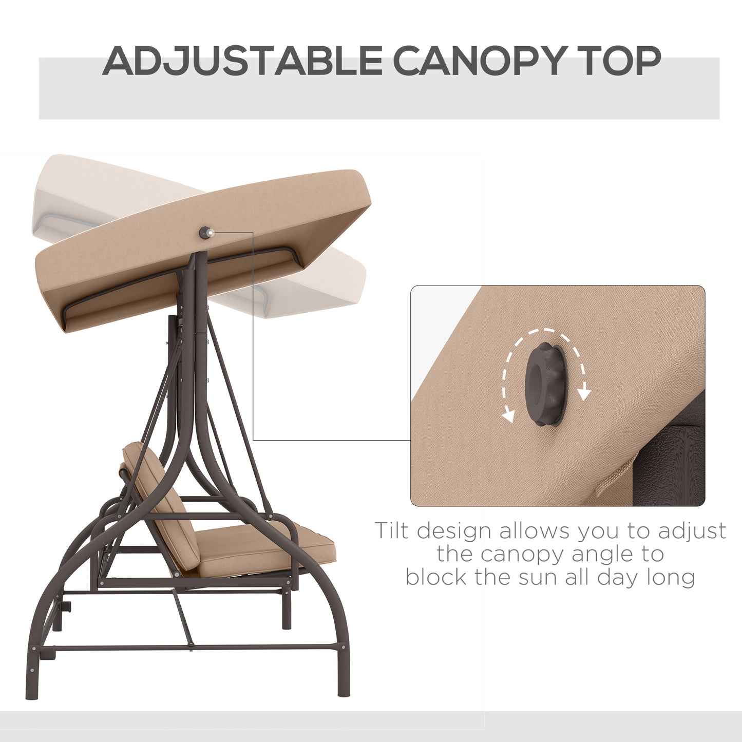 Convertible Patio Swing Bed with Canopy and Cushions, 3 Seater Porch Swing for Outdoor, Backyard, Garden, Khaki Kids Crystal