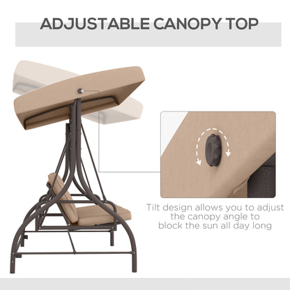 Convertible Patio Swing Bed with Canopy and Cushions, 3 Seater Porch Swing for Outdoor, Backyard, Garden, Khaki
