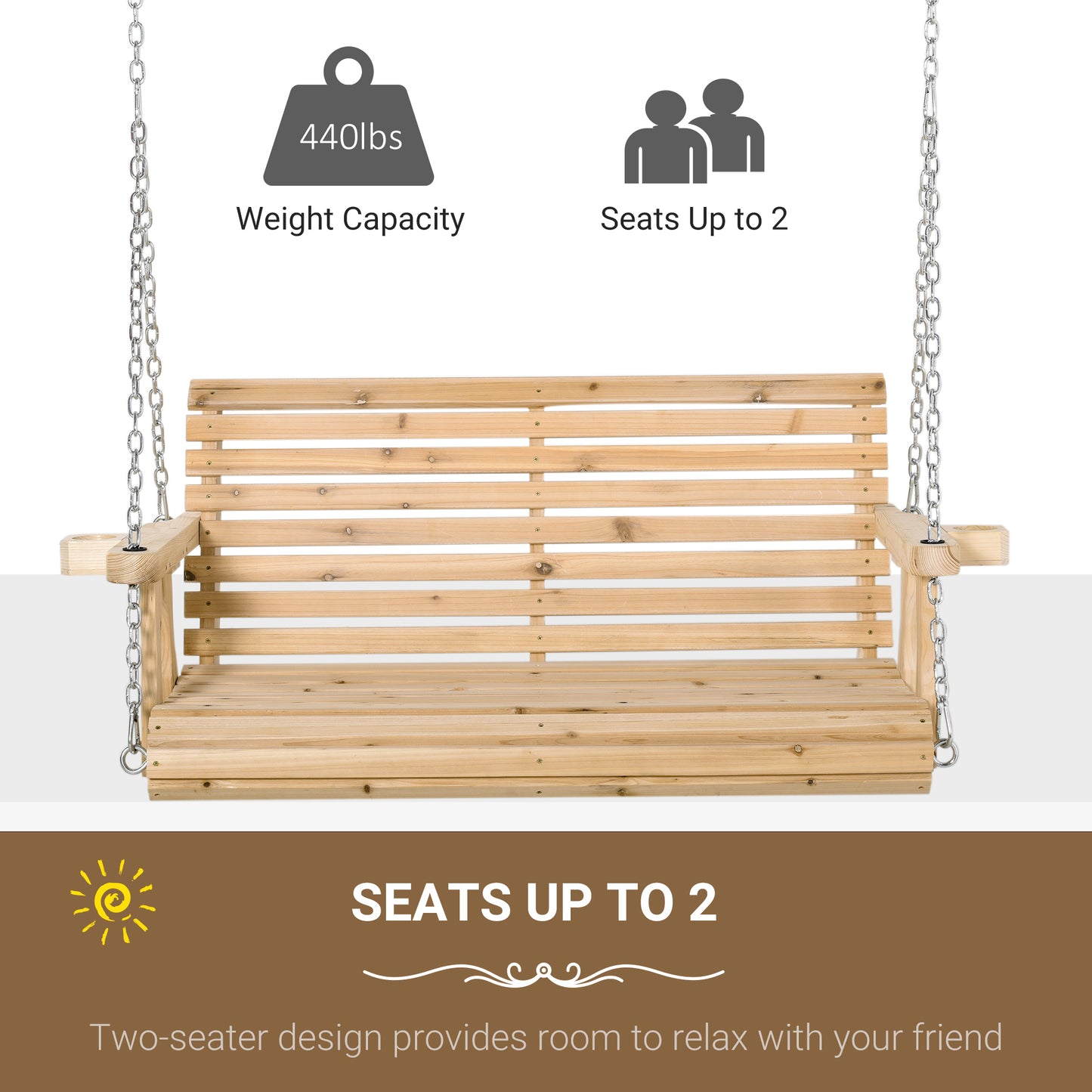 2 Seater Wooden Porch Swing Patio Swing Seat with Cup Holder and Chains Outdoor Swing Bench for Garden Yard, Natural Kids Crystal