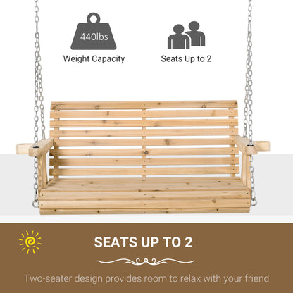 2 Seater Wooden Porch Swing Patio Swing Seat with Cup Holder and Chains Outdoor Swing Bench for Garden Yard, Natural