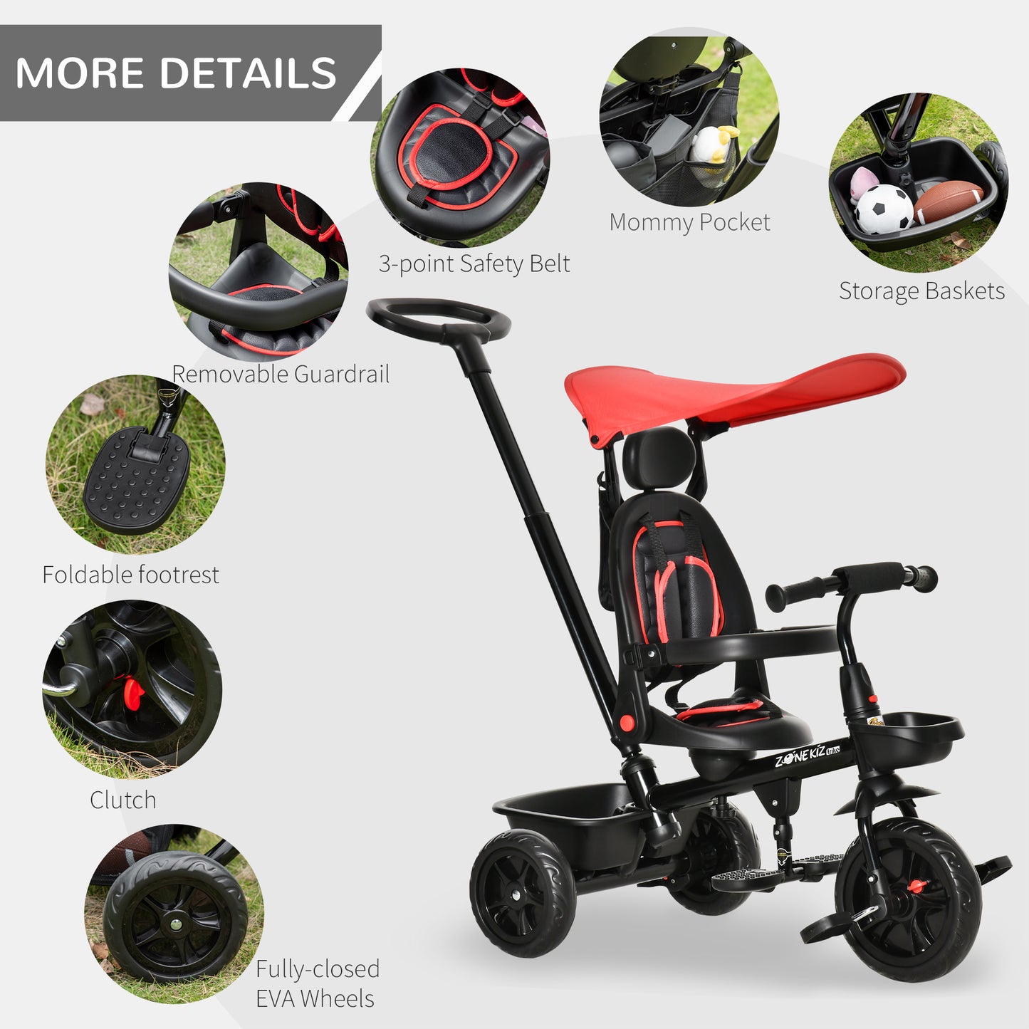 Stroller Trike: Baby Tricycle 4 In 1, Reversible Seat, Adjustable Removable Canopy, Handrail Belt, Red Kids Crystal