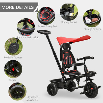Stroller Trike: Baby Tricycle 4 In 1, Reversible Seat, Adjustable Removable Canopy, Handrail Belt, Red