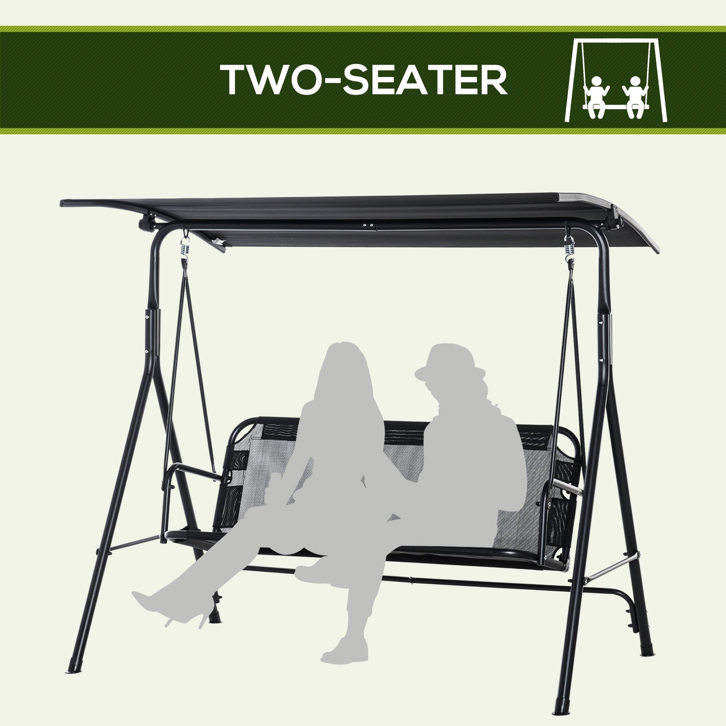 2 Person Porch Swing Chair 2 Seater Patio Swing Bench with Adjustable Canopy Breathable Seat for Garden Poolside Black Kids Crystal
