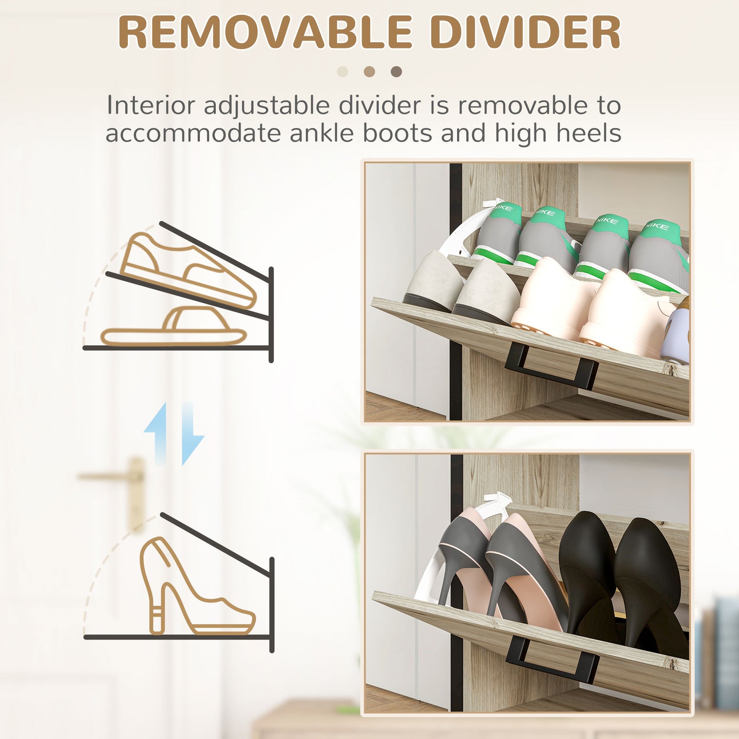 Shoe Cabinet with 3 Flip Drawer, Narrow Slim Shoe Storage Cabinet for 15 Pairs, Walnut Kids Crystal