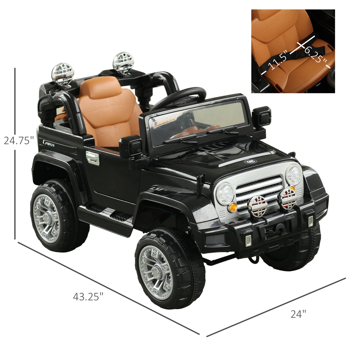 12V Kids Electric Ride-On Truck Car Toy with Remote Control Lights MP3 LCD Indicator Black Kids Crystal