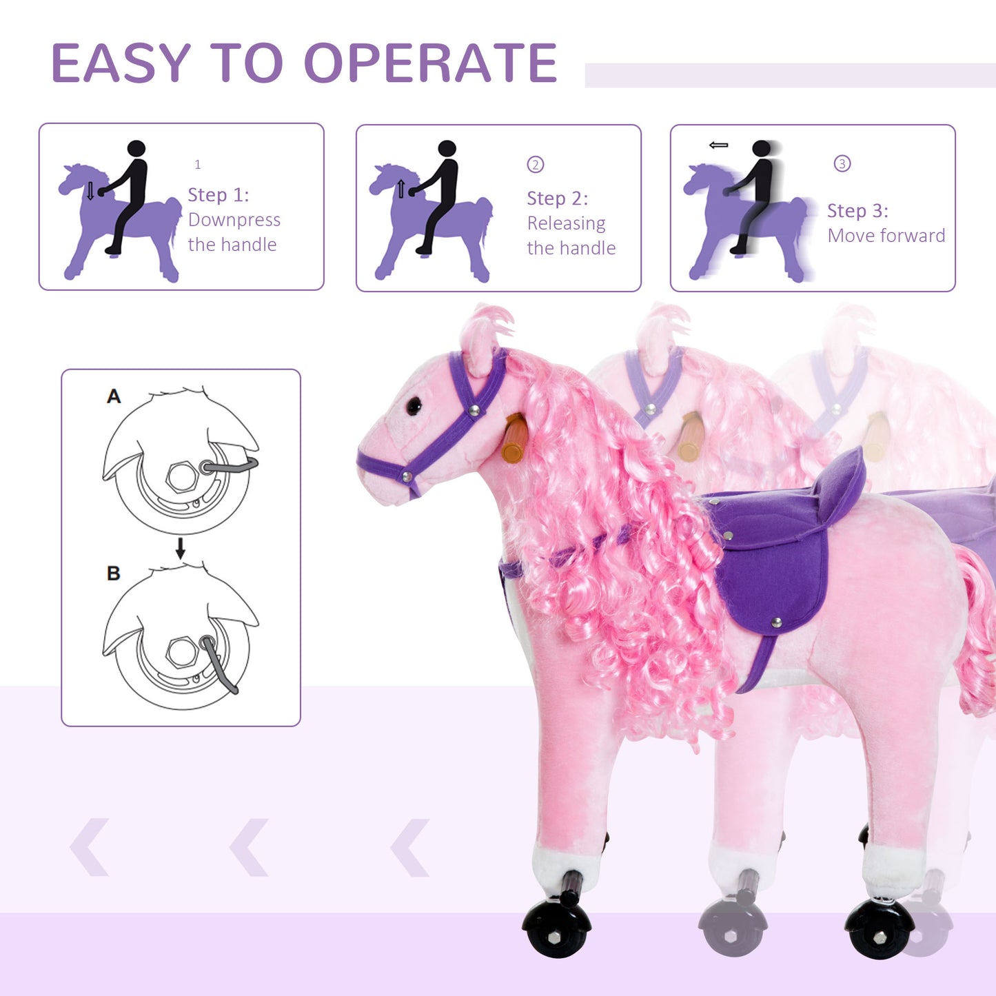 Pink Plush Pony Ride-On Toy for Kids - Rocking Horse with Neigh Sound & Wheels, 110lb Weight Limit Kids Crystal