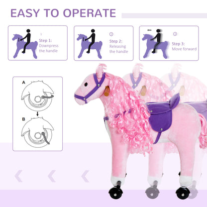 Pink Plush Pony Ride-On Toy for Kids - Rocking Horse with Neigh Sound & Wheels, 110lb Weight Limit