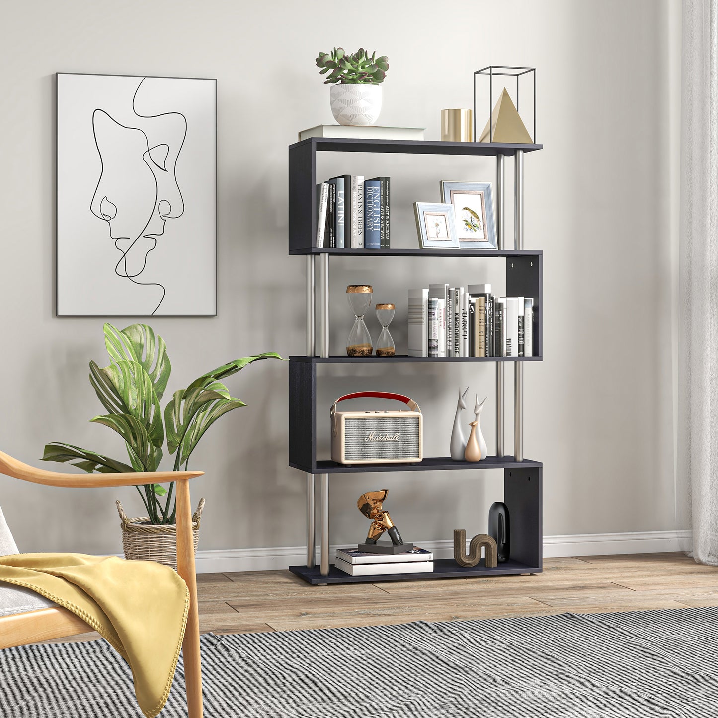 5-Tier Z-Shape Bookcase: Wooden Shelves with Steel Frame for Living Room, Bedroom, Office, Black Kids Crystal