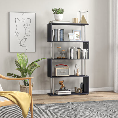 5-Tier Z-Shape Bookcase: Wooden Shelves with Steel Frame for Living Room, Bedroom, Office, Black