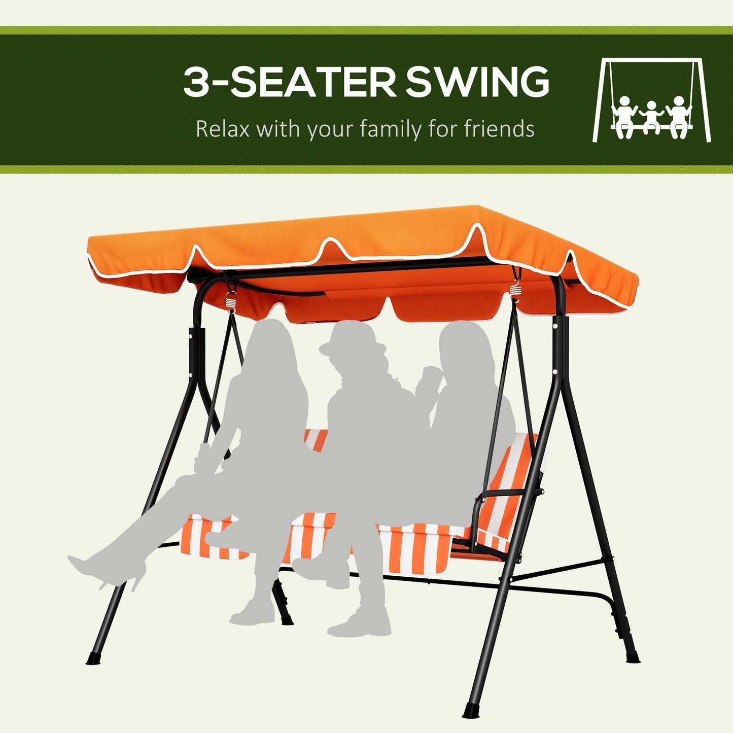 3-Seater Outdoor Porch Swing with Adjustable Canopy Patio Swing Chair for Garden Poolside Backyard Orange Kids Crystal
