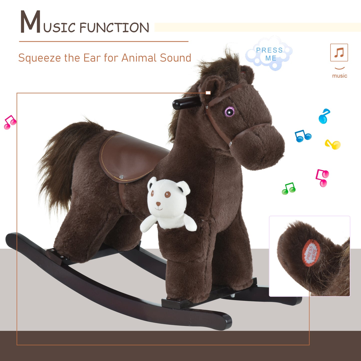 Children's Plush Rocking Horse - Cozy Bear Ride-On Toy with Realistic Sounds, Soft Seat for Kids, Brown Kids Crystal