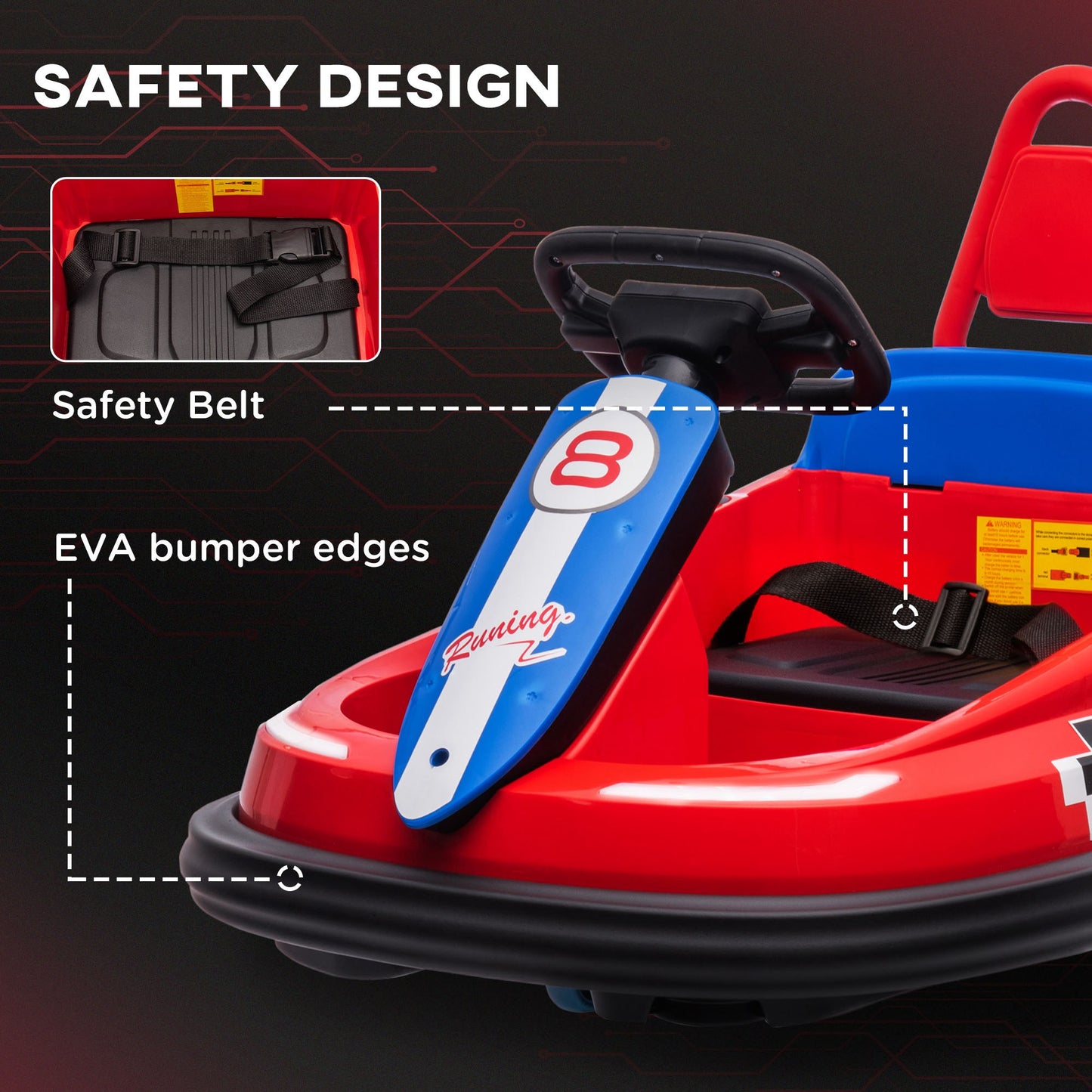 Kids Bumper Car: 6V Electric, 360° Spin, Twin Motors, Horn, Lights, Safety Belt, Red Kids Crystal
