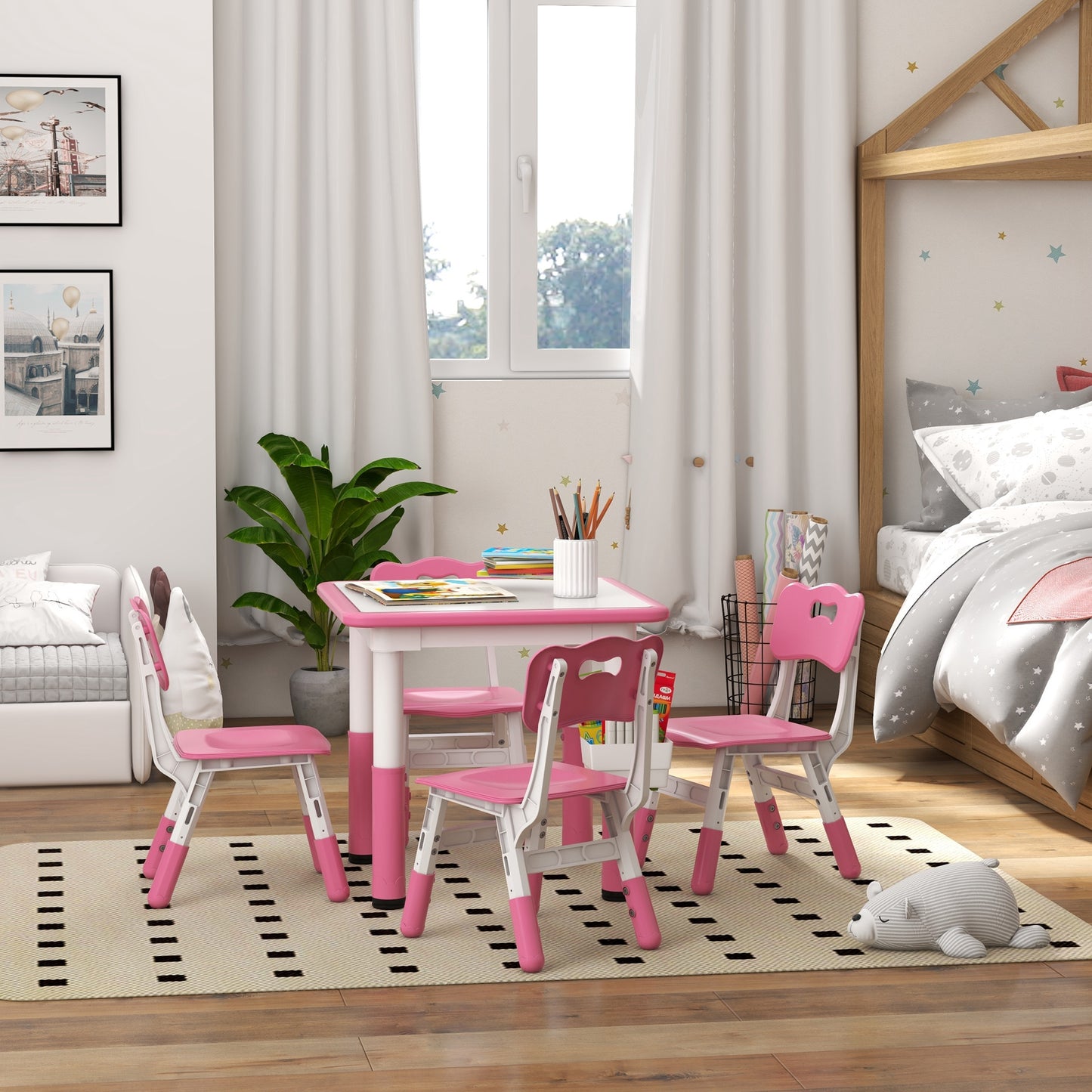 5 Piece Toddler Table Chair Set Height Adjustable Activity Set Nursery Classroom Playroom Furniture Pink