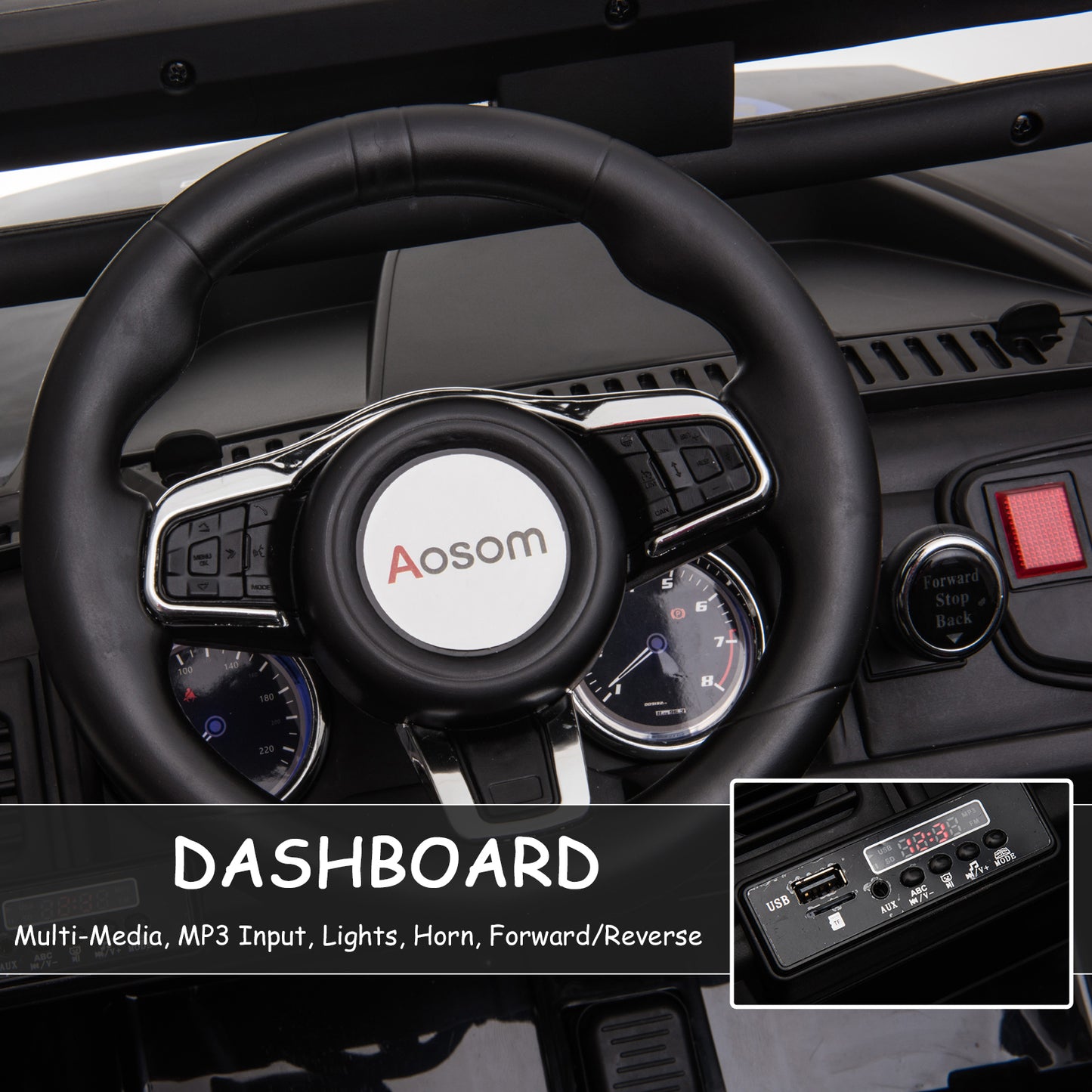 12V Kids Police Truck Ride-On Car RC 2-Seater with LED Lights MP3 Parental Remote Control Black Kids Crystal