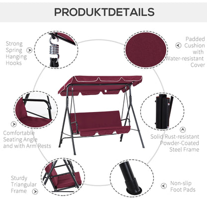 Meatal 3-Seater Outdoor Porch Swing with Stand Cushioned Garden Lounger Patio Hammock with Frame and Canopy, Wine Red
