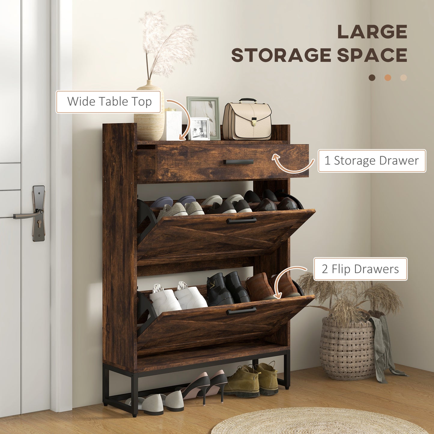 Narrow Shoe Cabinet Organizer: 2 Flip Drawers, Adjustable Shelves for 12 Pairs, Rustic Brown Kids Crystal