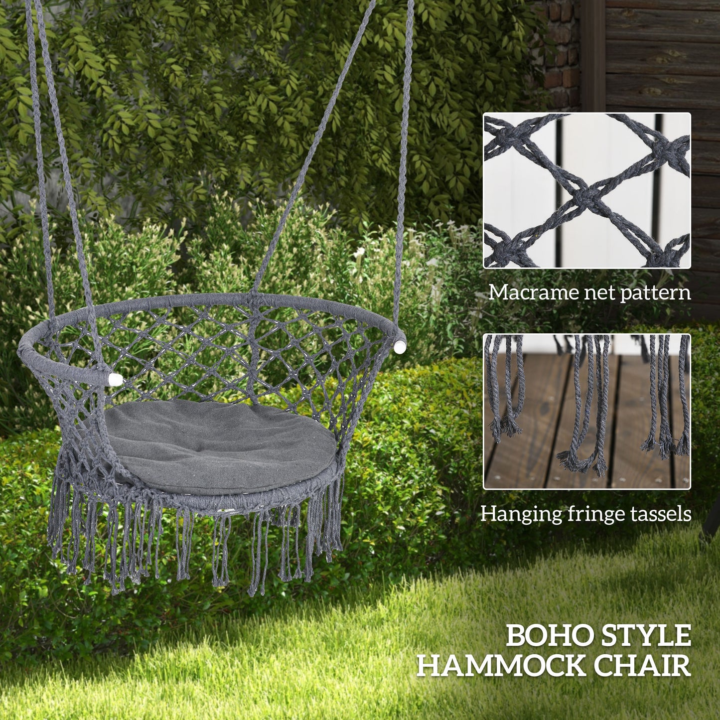 Cotton Rope Hanging Hammock Chair Porch Swing with Metal Frame and Cushion Comfortable Dark Grey Kids Crystal
