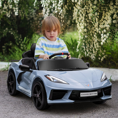 12V Kids Electric Car Corvette Licensed Remote Control Suspension Music Headlight Slow Start Light Blue Ride On