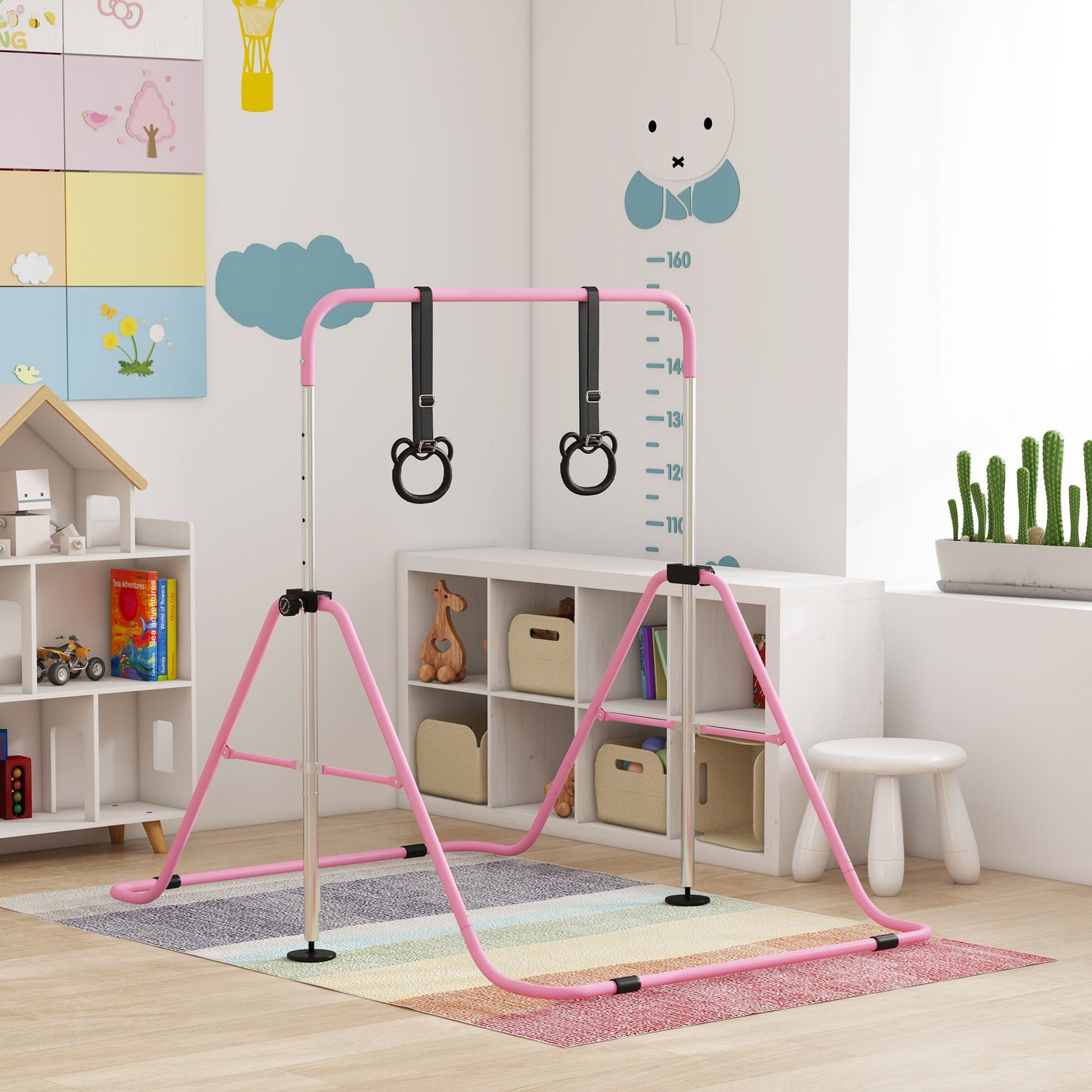 Kids Gymnastics Bar, Adjustable Height Folding Horizontal Bar with Gymnastics Rings, Non-slip Rubber Floor Rings, Pink Kids Crystal