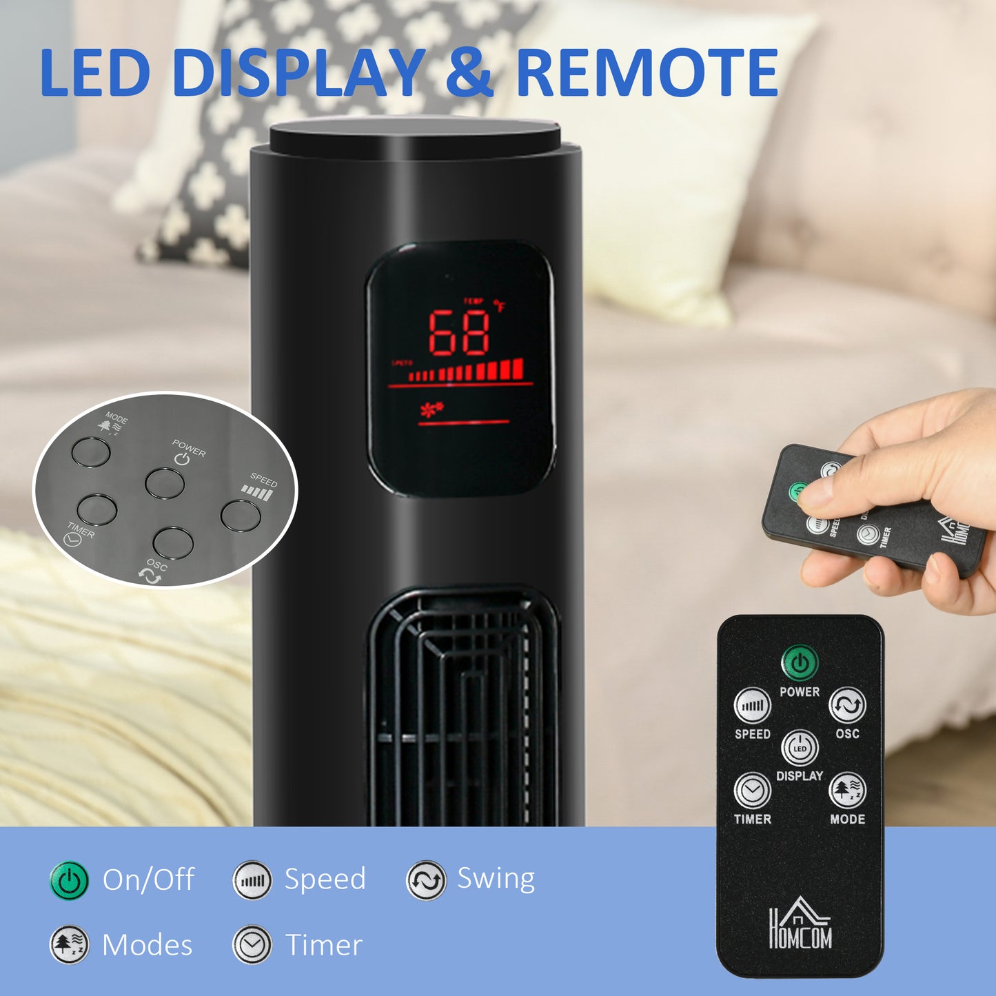 Oscillating Tower Fan Standup Cooling 3 Speed 12h Timer LED Remote Black for Efficient Air Circulation Kids Crystal