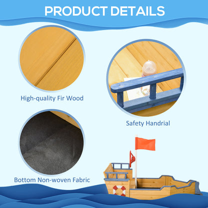 Pirate Ship Sandbox Wooden Outdoor Playset for Kids Backyard Play Station Bench Seat Storage Flag
