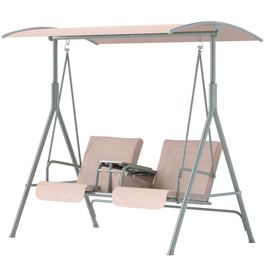 Double Outdoor Swing Chair 2 Person Covered Swing Porch Swing w/ Pivot Table and Storage Console, Beige