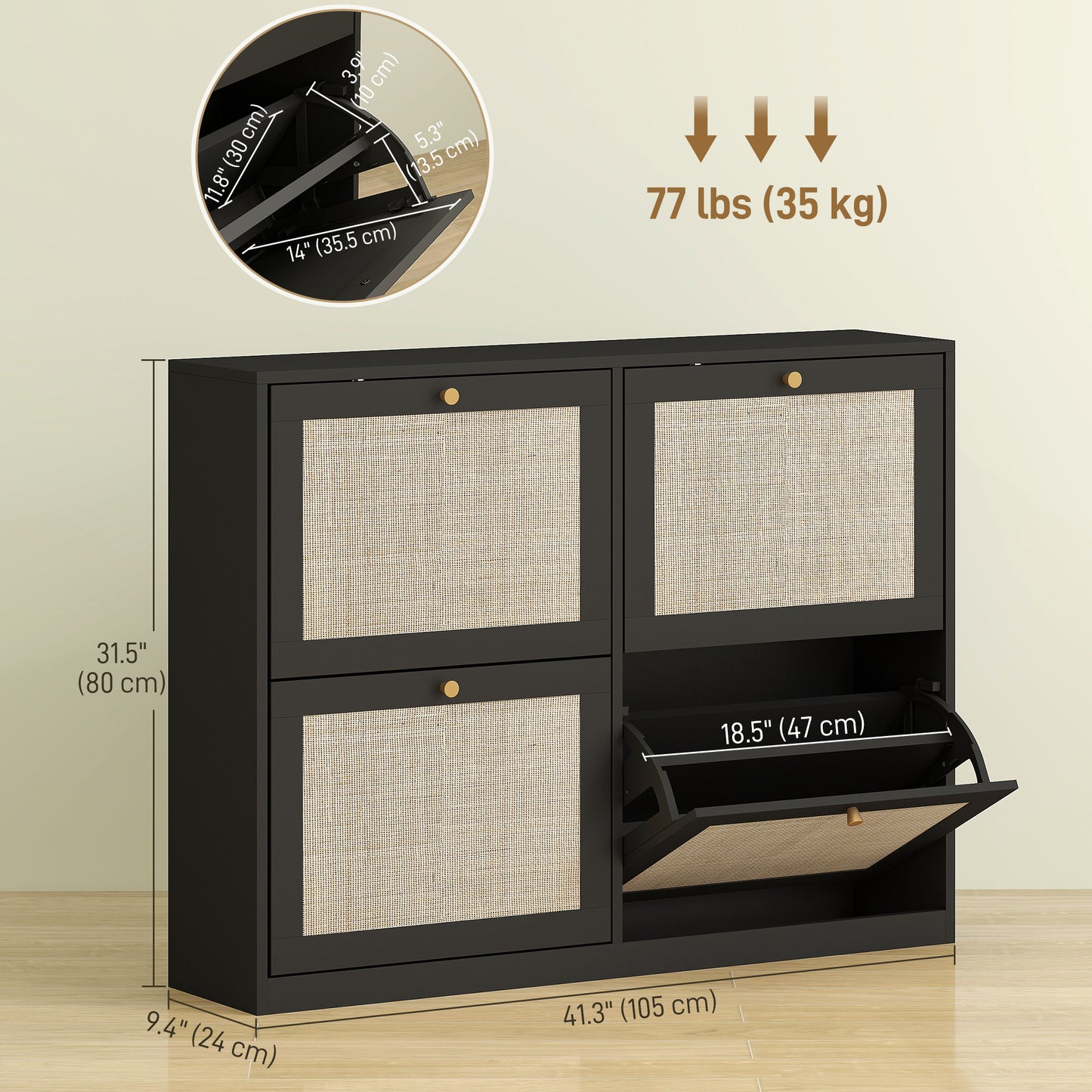 Narrow Shoe Storage Cabinet, Rattan Shoe Cabinet with 4 Flip Drawers and Adjustable Shelves for 20 Pairs, Black Kids Crystal