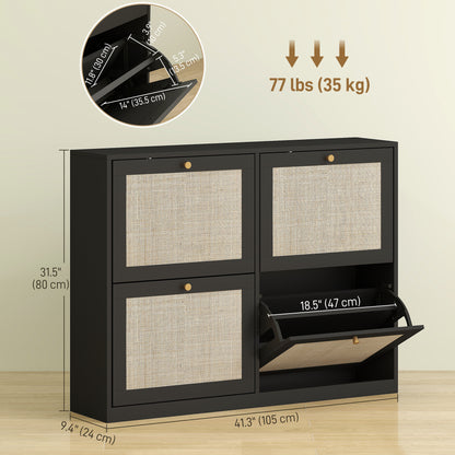 Narrow Shoe Storage Cabinet, Rattan Shoe Cabinet with 4 Flip Drawers and Adjustable Shelves for 20 Pairs, Black