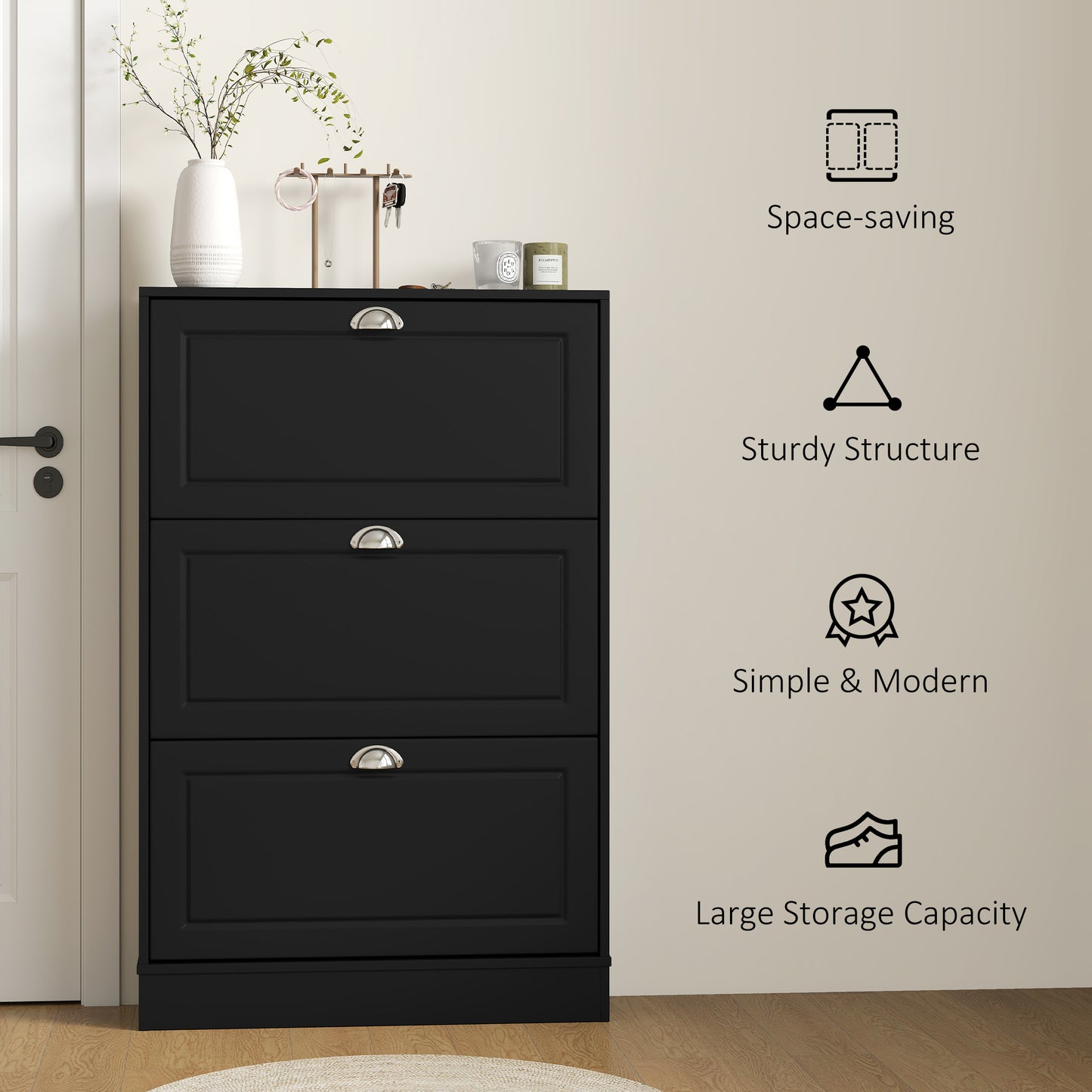 Shoe Cabinet with 3 Flip Drawers, Narrow Shoe Storage Cabinet, Holds 12 Pairs for Entryway, Hallway, Black Kids Crystal