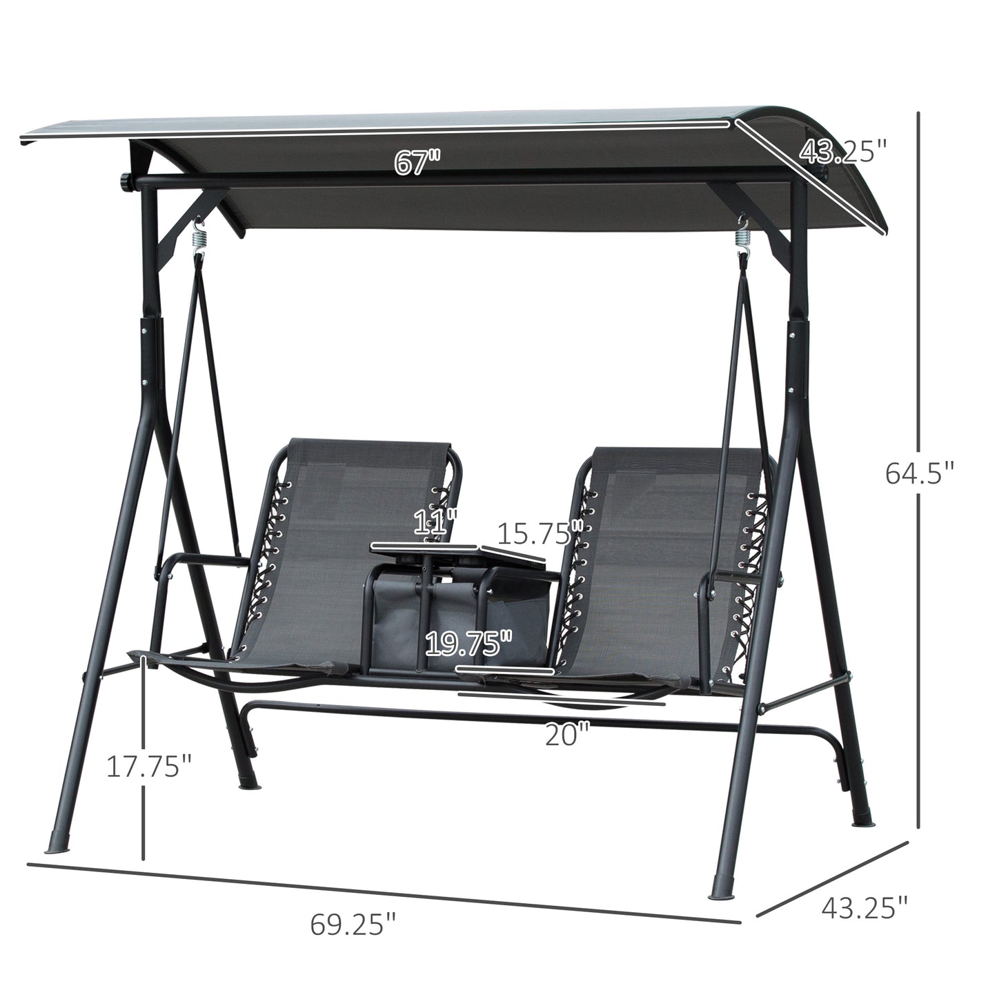 2-Person Patio Swing Chair Covered Porch Swing with Pivot Storage Table, Cup Holder, & Adjustable Overhead Canopy, Grey Kids Crystal