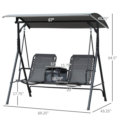 2-Person Patio Swing Chair Covered Porch Swing with Pivot Storage Table, Cup Holder, & Adjustable Overhead Canopy, Grey