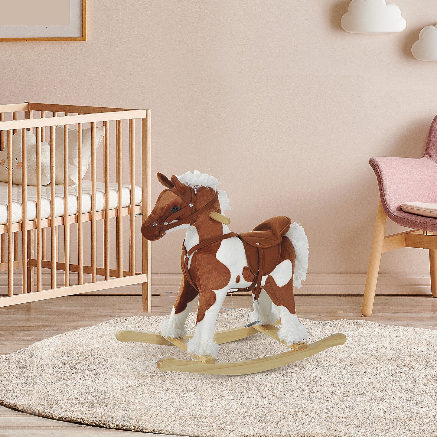 Kids Metal Plush Ride-On Rocking Horse Chair Toy w/ Nursery Rhyme Music - Light Brown / White Kids Crystal