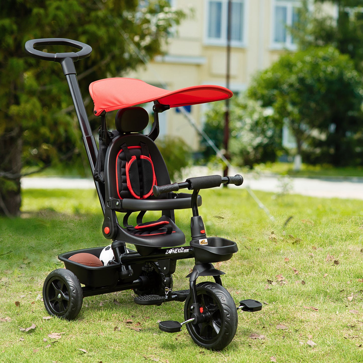 Stroller Trike: Baby Tricycle 4 In 1, Reversible Seat, Adjustable Removable Canopy, Handrail Belt, Red Kids Crystal