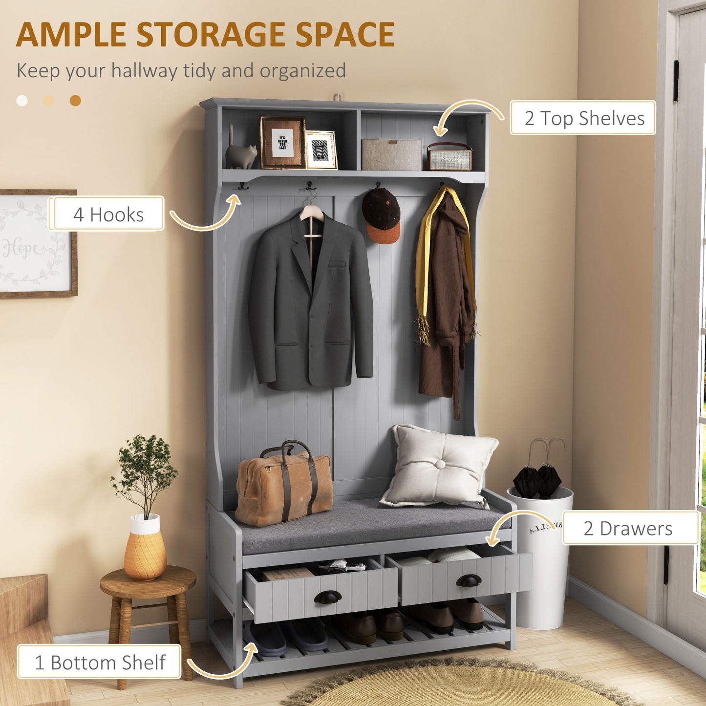 Clothing Storage, Coat Stand, Shoe Storage Bench Organizer with Coat Hanger, Drawers Padded Seat Cushion Grey Kids Crystal
