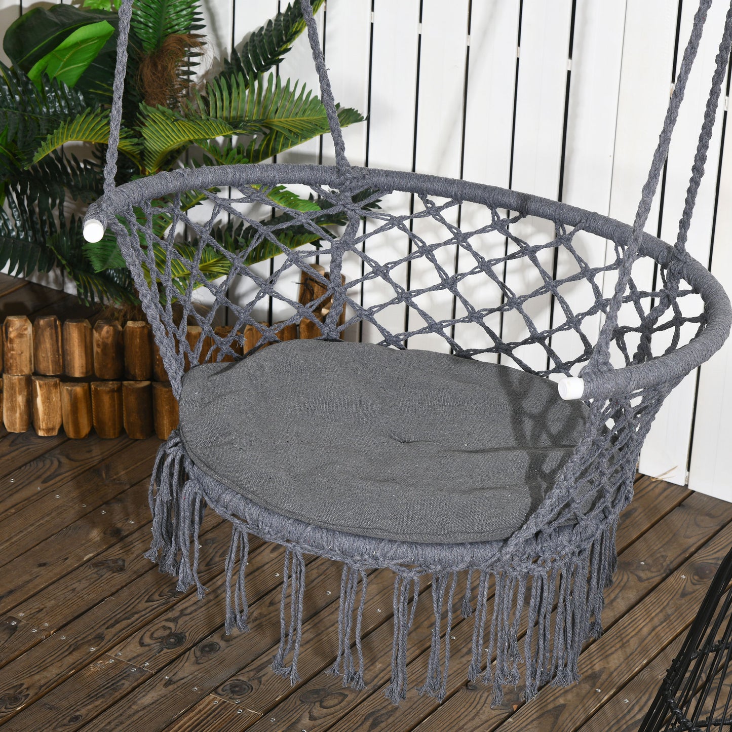 Cotton Rope Hanging Hammock Chair Porch Swing with Metal Frame and Cushion Comfortable Dark Grey Kids Crystal