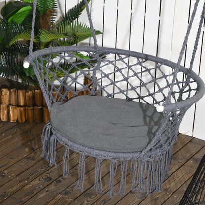 Cotton Rope Hanging Hammock Chair Porch Swing with Metal Frame and Cushion Comfortable Dark Grey